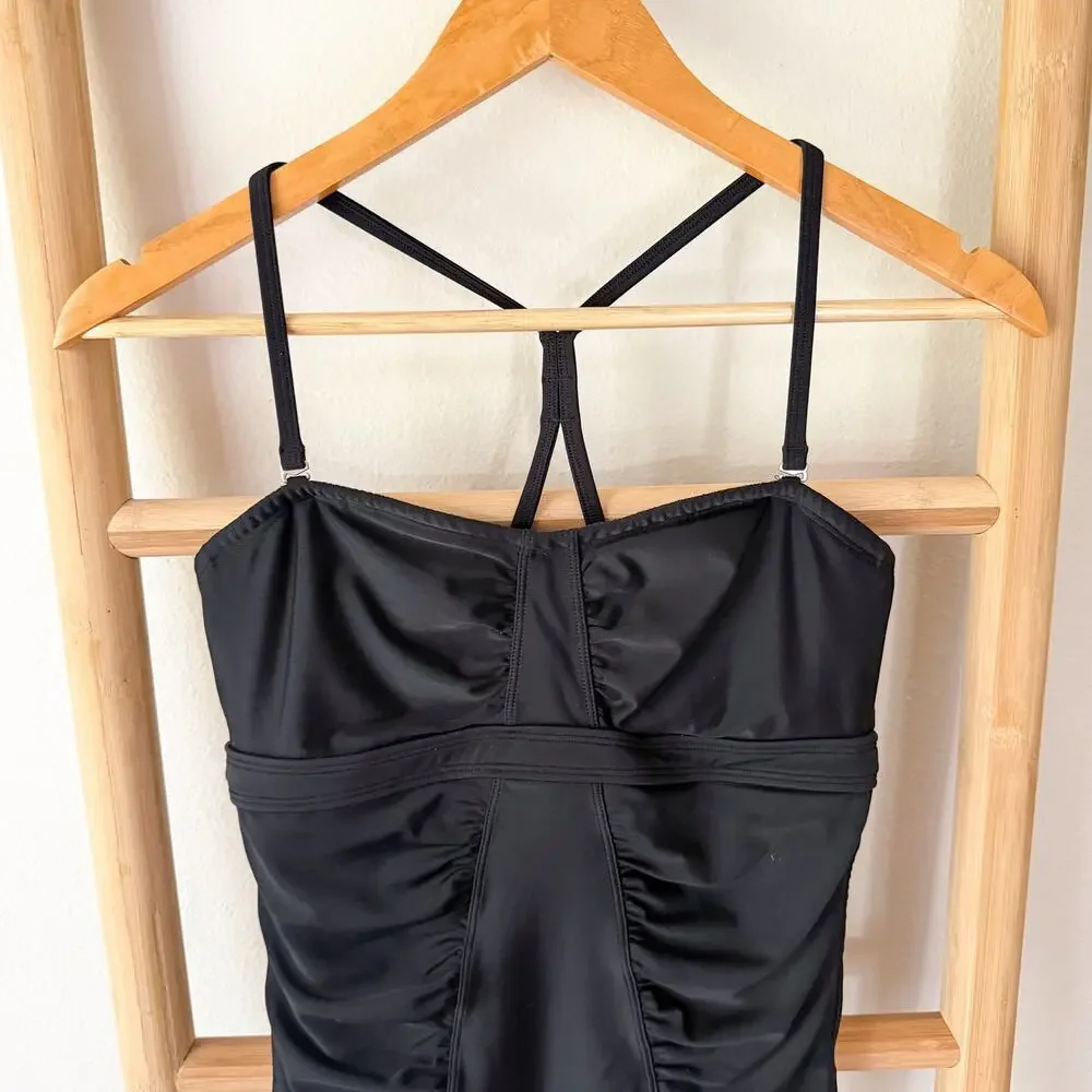 Athleta Black Ruched One Piece Swimsuit Open Back Bandeau 34 B/C